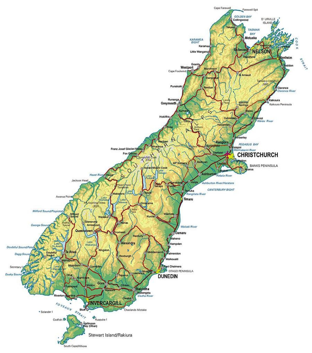 mapa turystyczna Południowej wyspy Nowej Zelandii