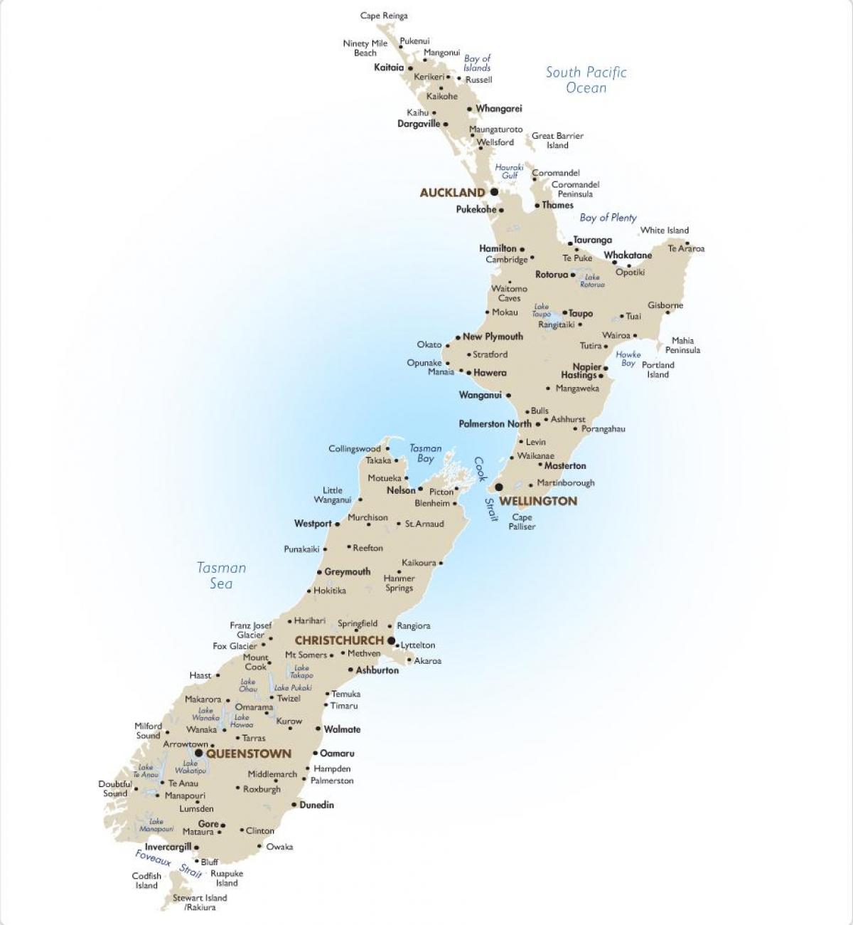 mapa Nowej Zelandii z dużych miast