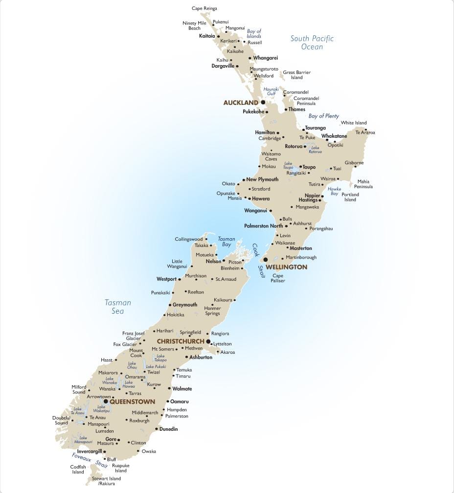 Mapa Nowa Zelandia najważniejsze 