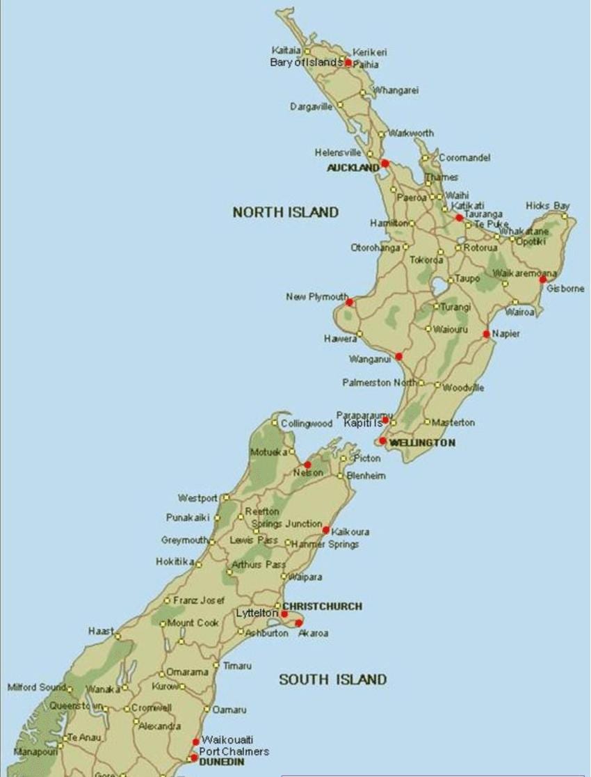 Mapa Nowej Zelandii-porty