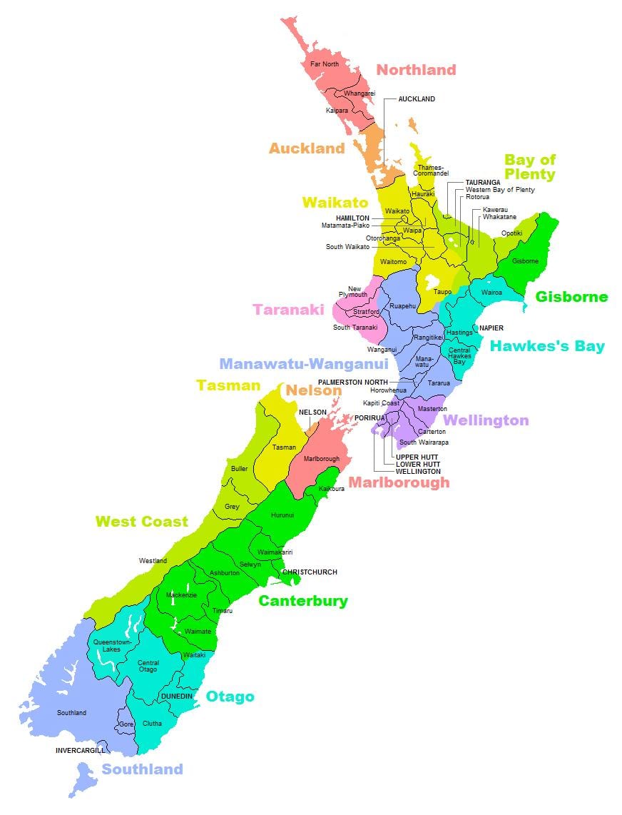 Nowa Zelandia region na mapie