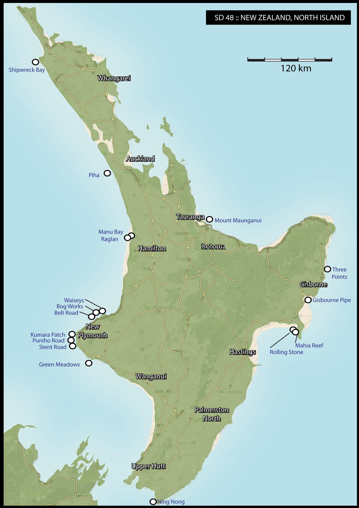 Mapa Nowej Zelandii do surfowania