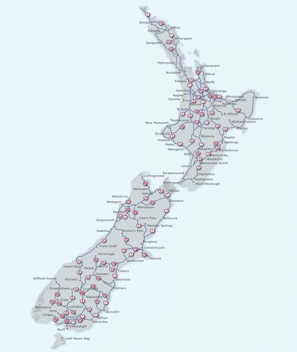 Mapa Nowa Zelandia trasę 