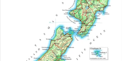 Mapa czarne piaszczyste plaże w Nowej Zelandii