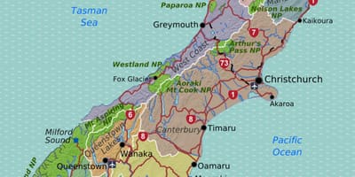 Mapa wyspy Południowej Nowej Zelandii regionów